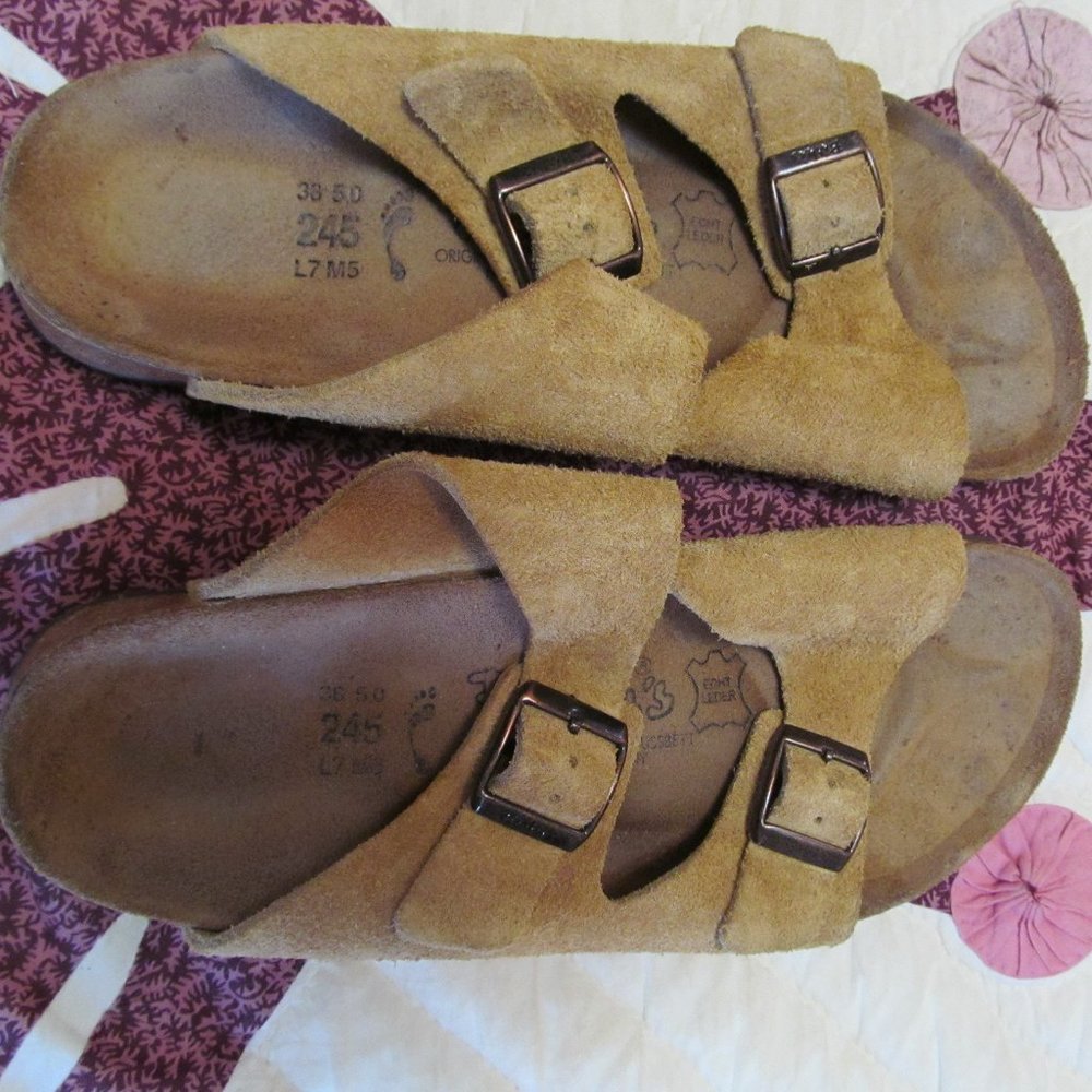 Birkenstock Arizona Sandals Suede Leather Womens Camel Tan Buckle Slide